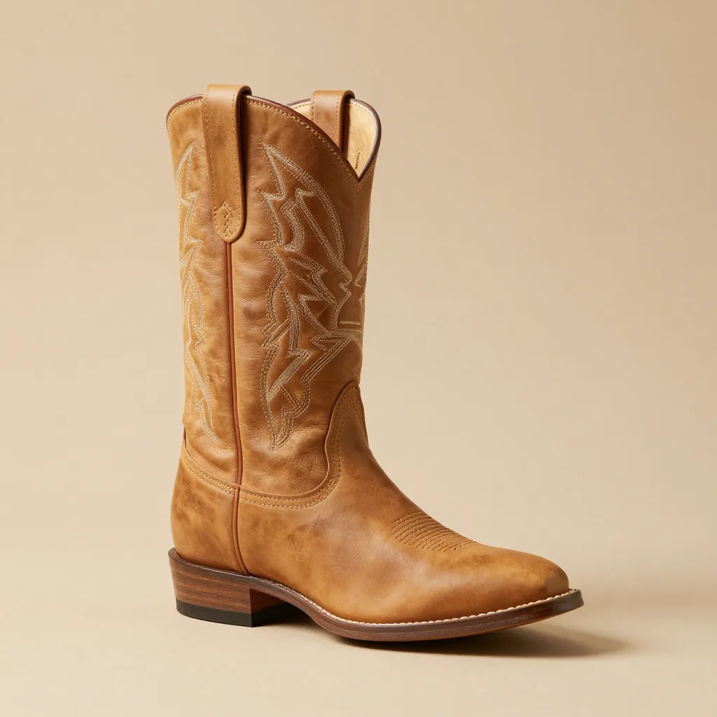 A classic tan leather gaucho boot on a light background