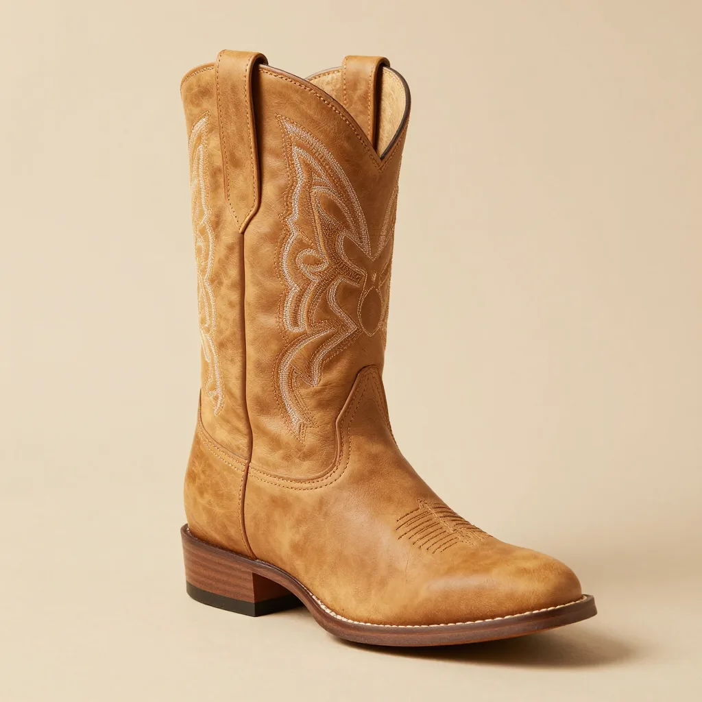 A short tan leather gaucho boot on a light background