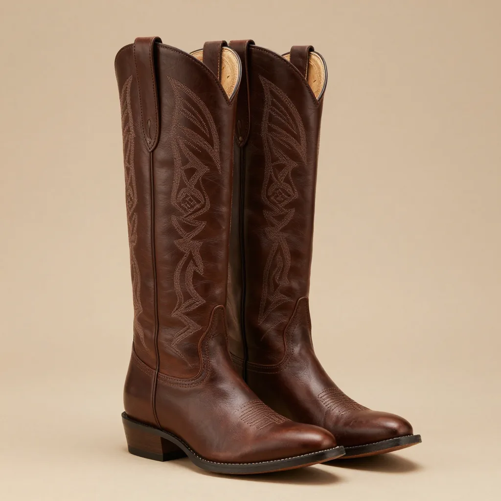 A tall leather gaucho riding boot on a light background