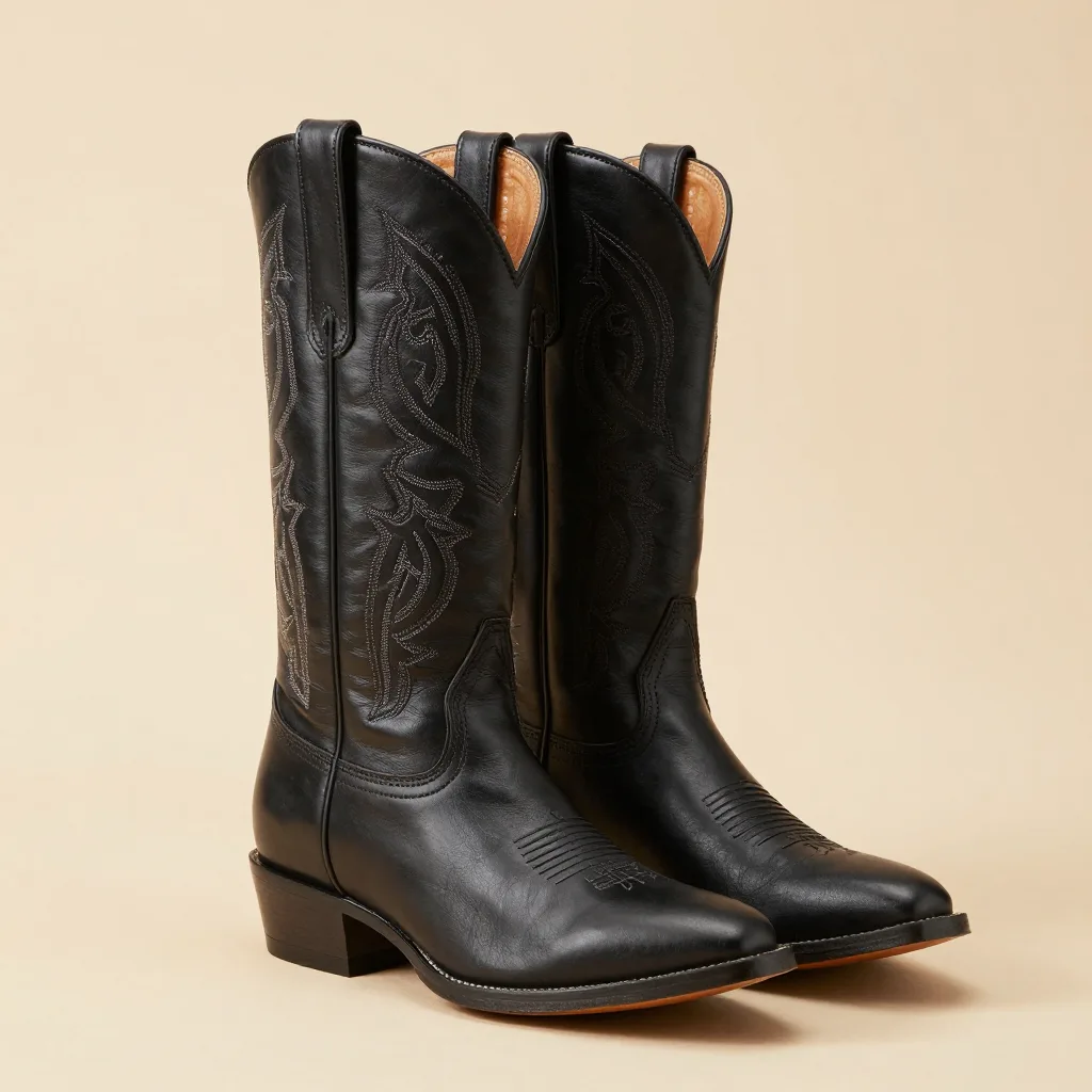 A black leather gaucho boot on a light background