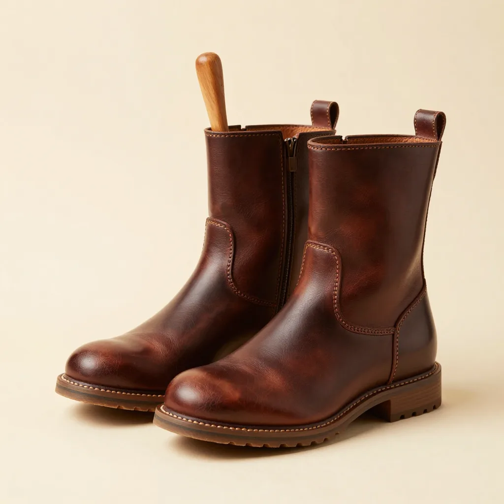 A leather boot care set on a light background